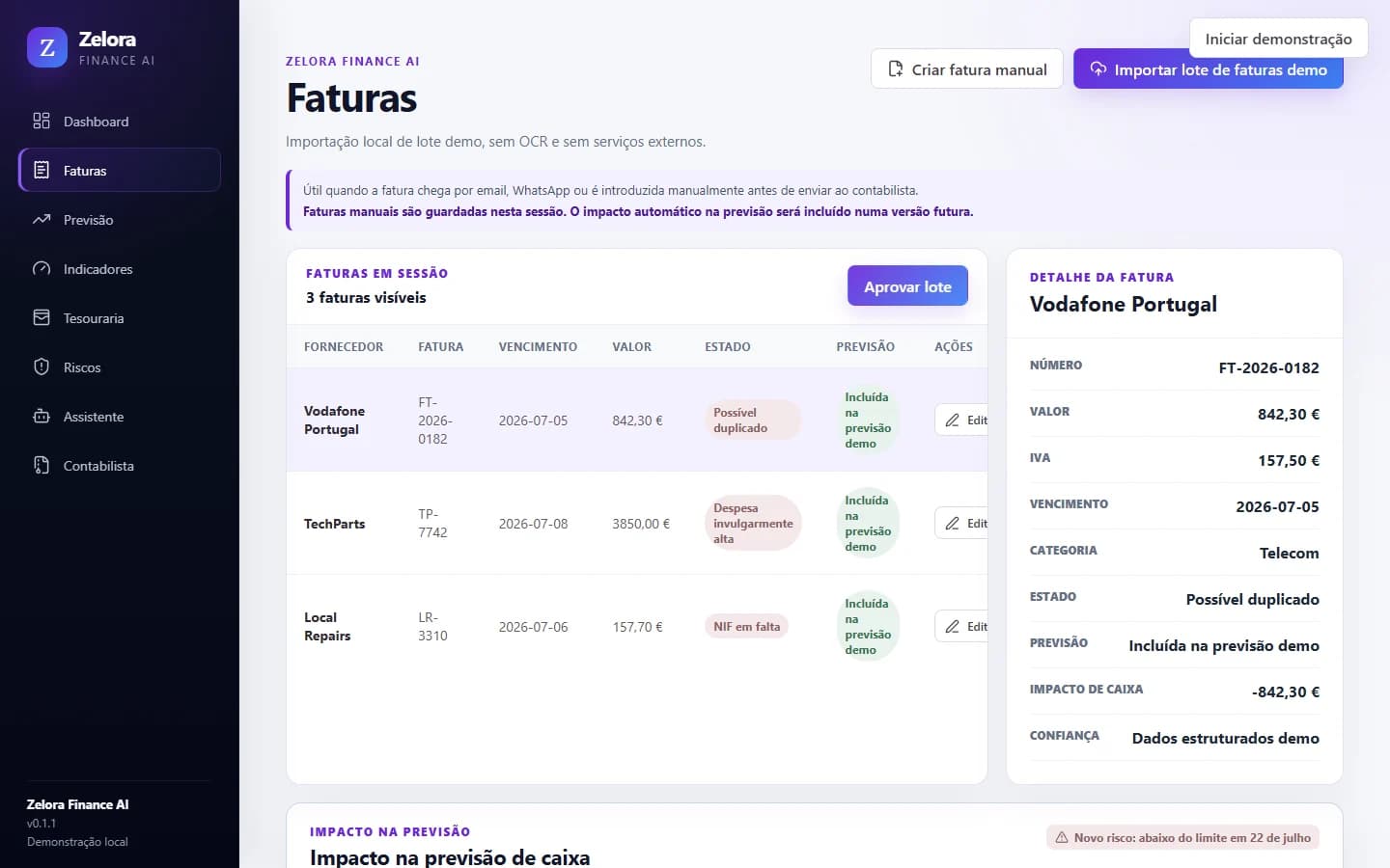 Página de faturas do Zelora Finance AI com impacto do lote na previsão de caixa.